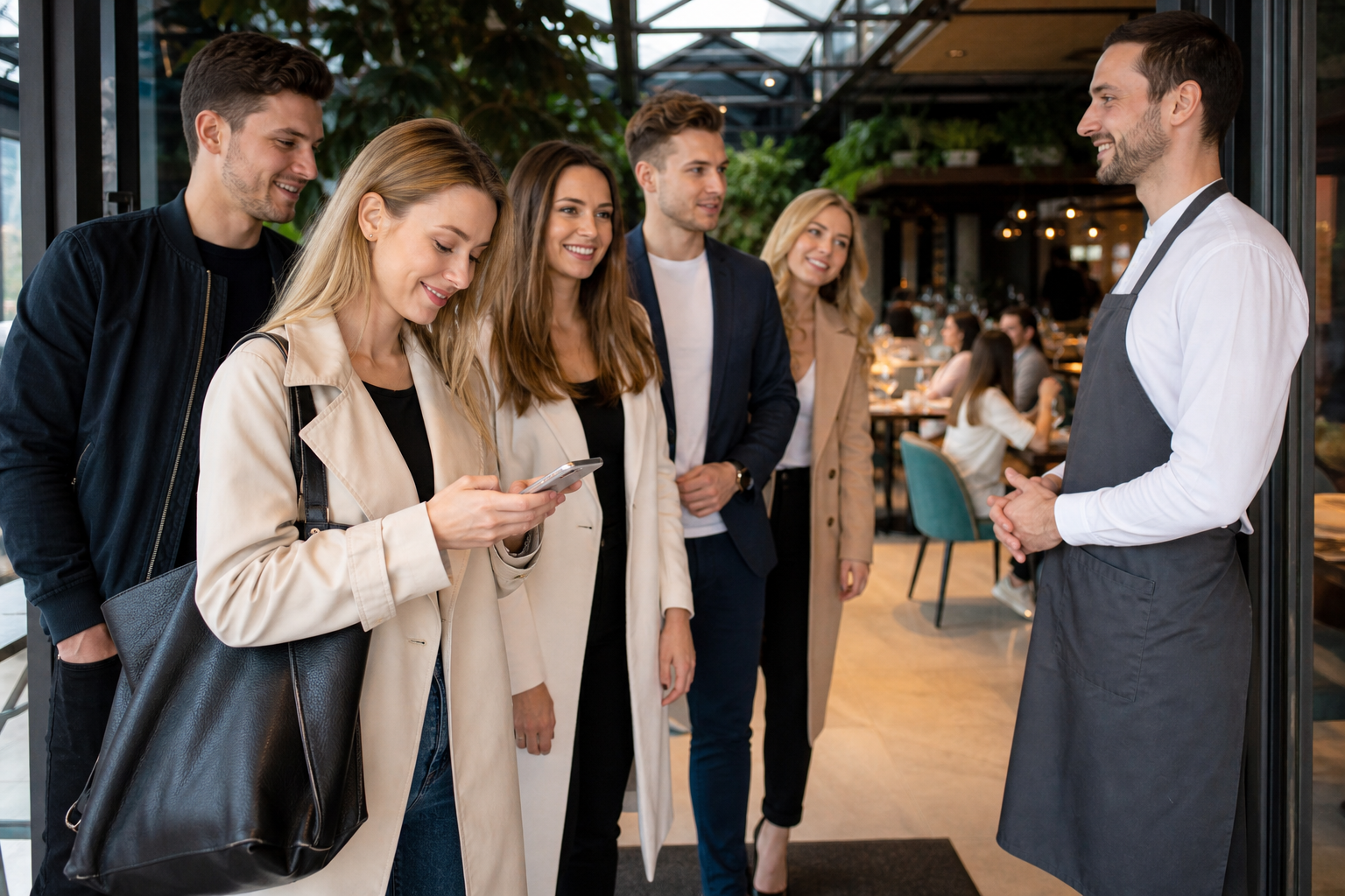 Klient sprawdza rezerwację w telefonie przed popularną restauracją.