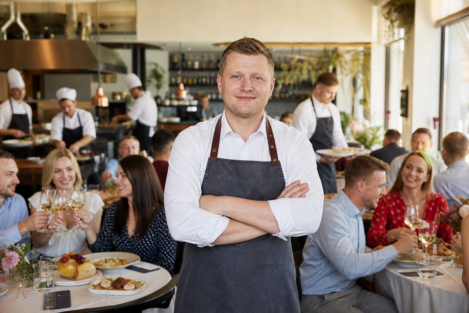 Dumny właściciel w pełnej, odnoszącej sukces restauracji w Bydgoszczy.
