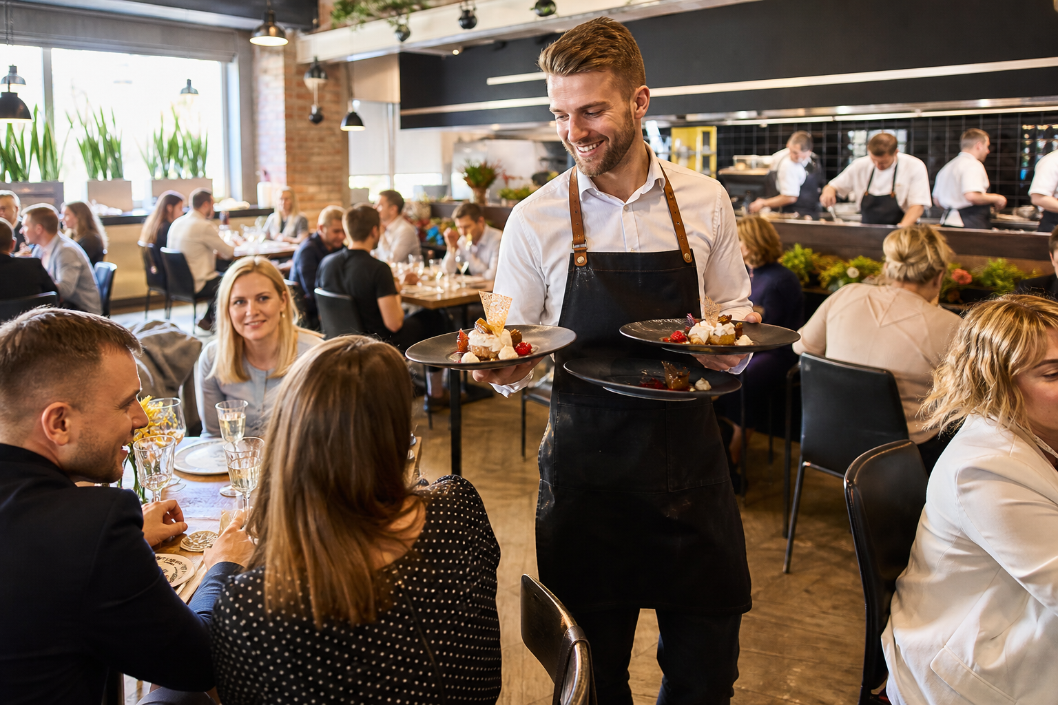Tętniąca ruchem restauracja z pełnymi stolikami i sprawną obsługą.