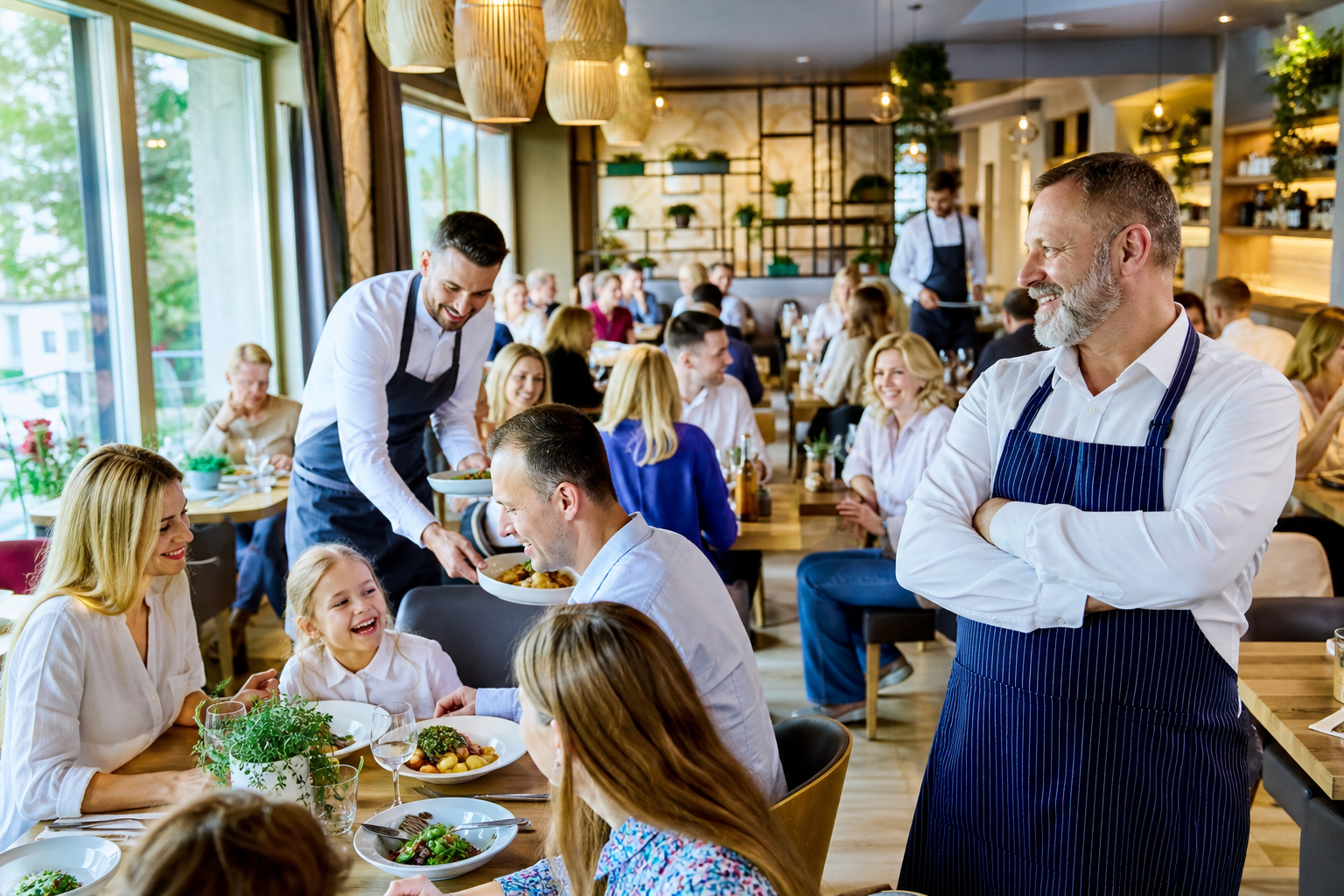 Rozwój restauracji pokazany przez pełną salę i zadowolonego właściciela.