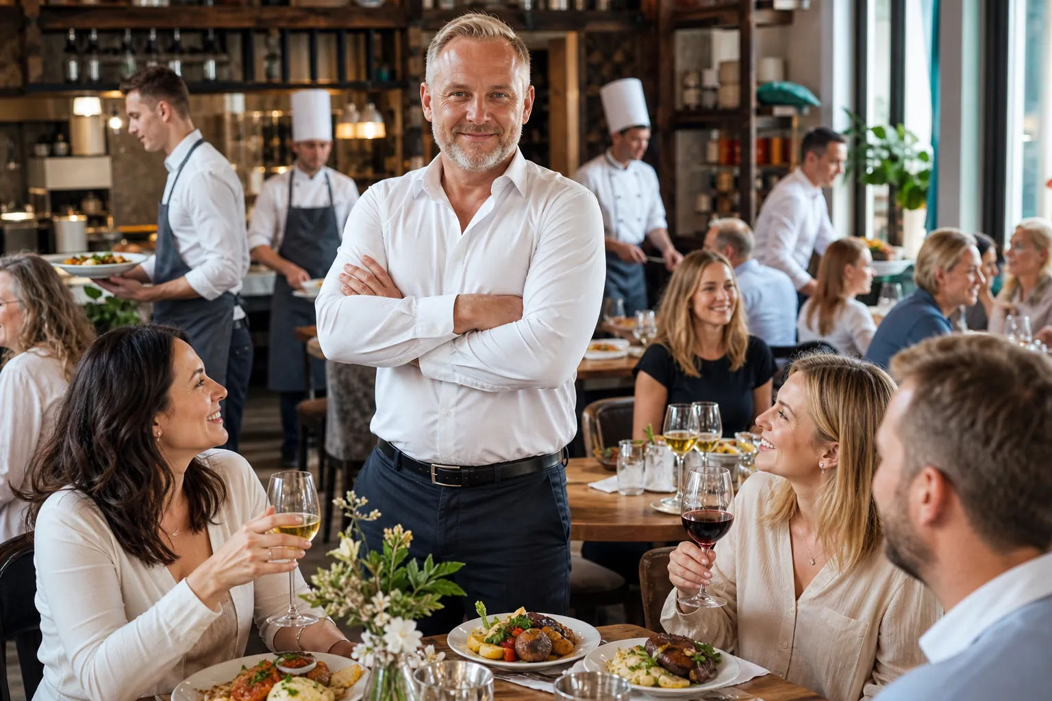 Dumny właściciel w pełnej, odnoszącej sukces restauracji w Bydgoszczy.