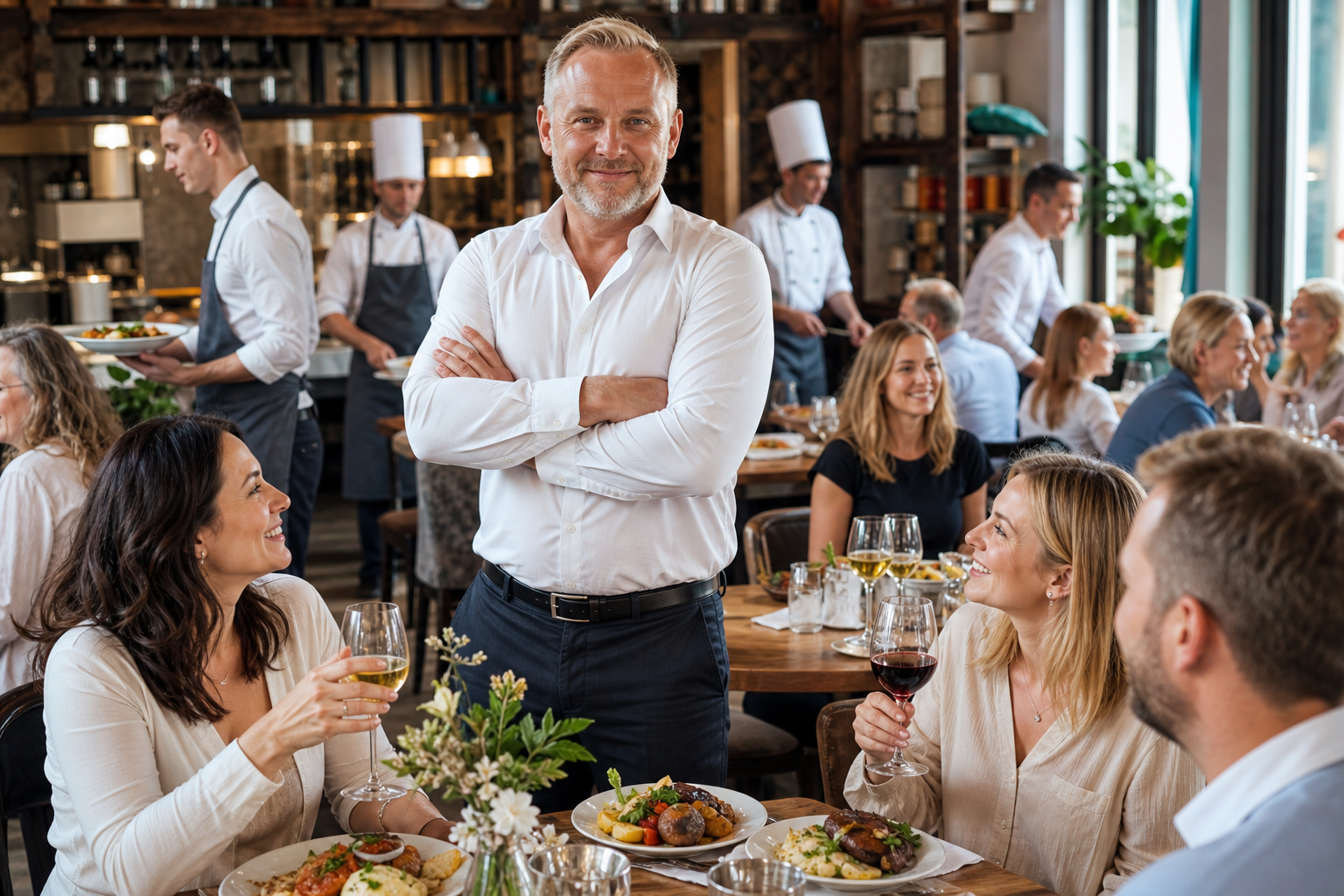 Dumny właściciel w pełnej, odnoszącej sukces restauracji w Bydgoszczy.