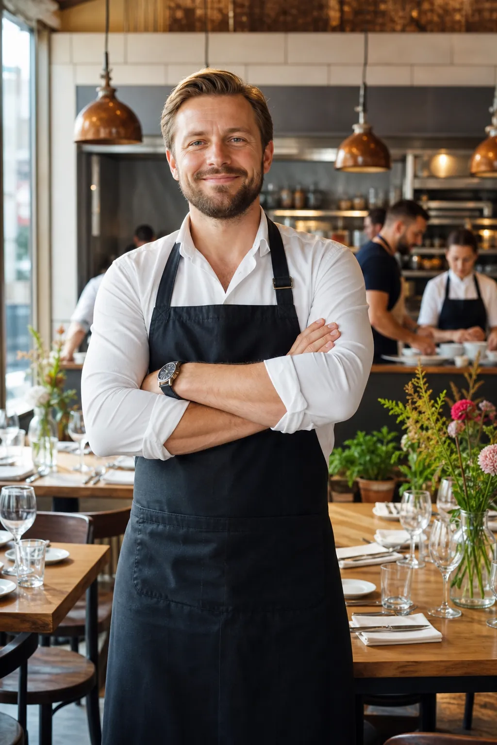 Pewny siebie właściciel restauracji stoi w swojej sali z zespołem w tle.