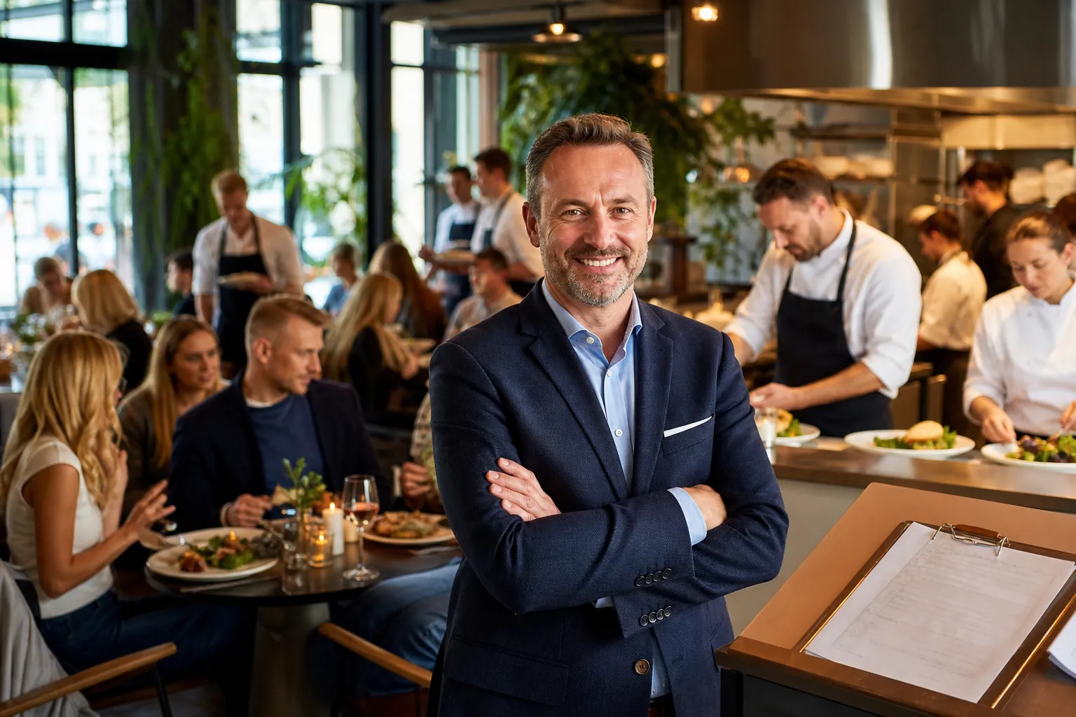 Tętniąca ruchem restauracja z pełnymi stolikami i zadowolonym właścicielem.