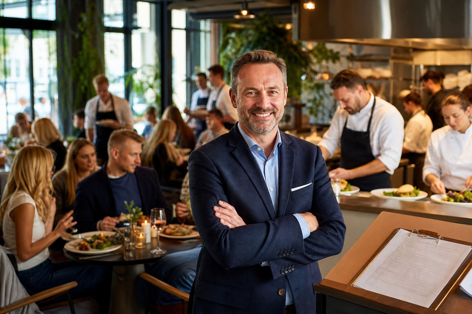 Tętniąca ruchem restauracja z pełnymi stolikami i zadowolonym właścicielem.