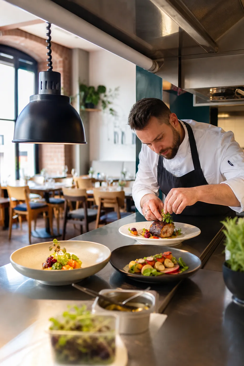 Gotowe dania i sala restauracji czekają na klientów.