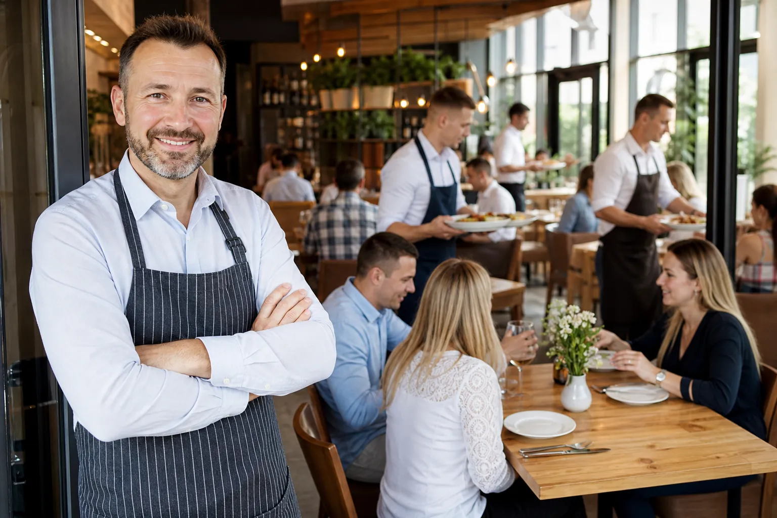 Restauracja rośnie: więcej gości, ruch przy stolikach i dumny właściciel.