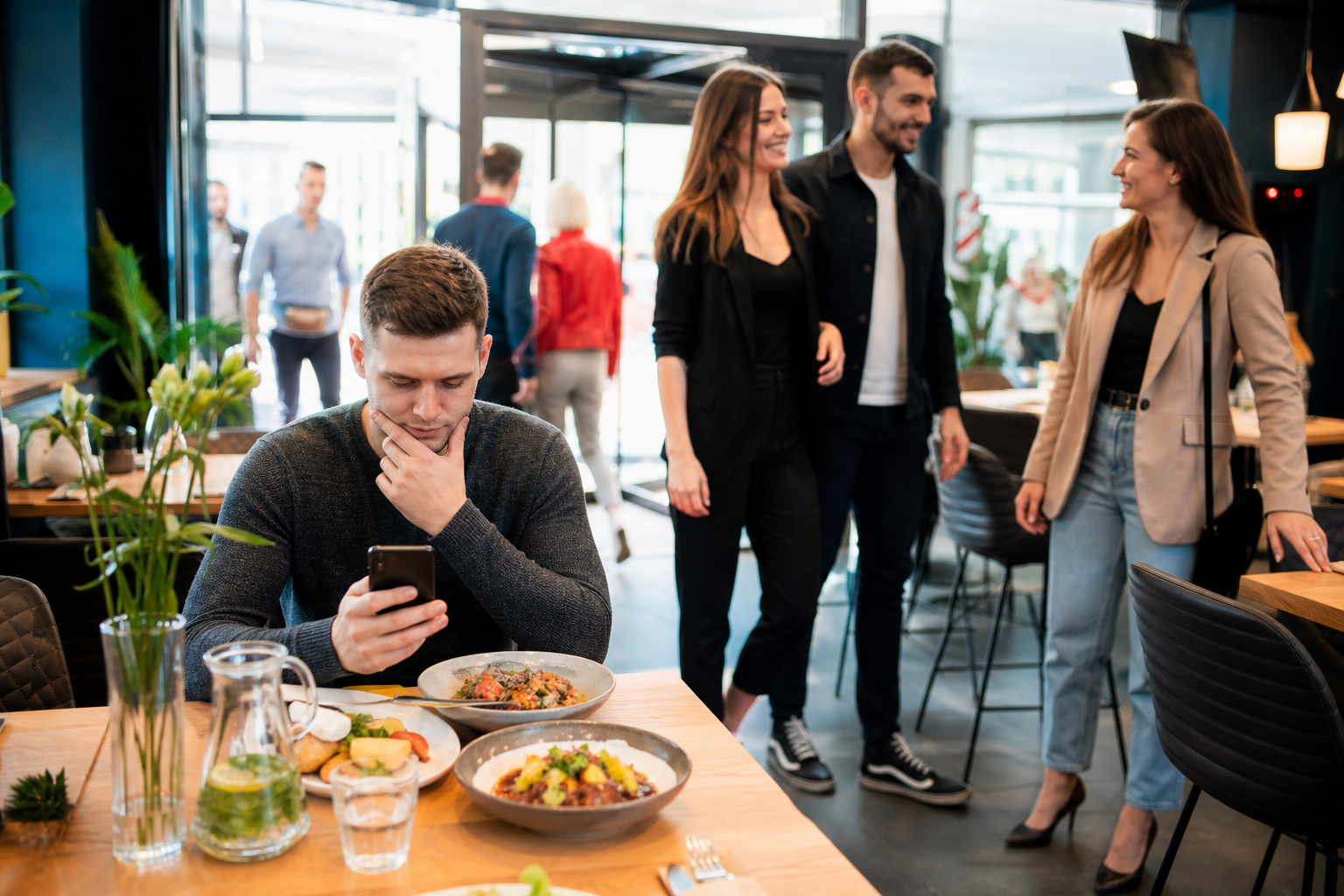 Klient w restauracji wybiera lokal, sprawdzając telefon przy stoliku.