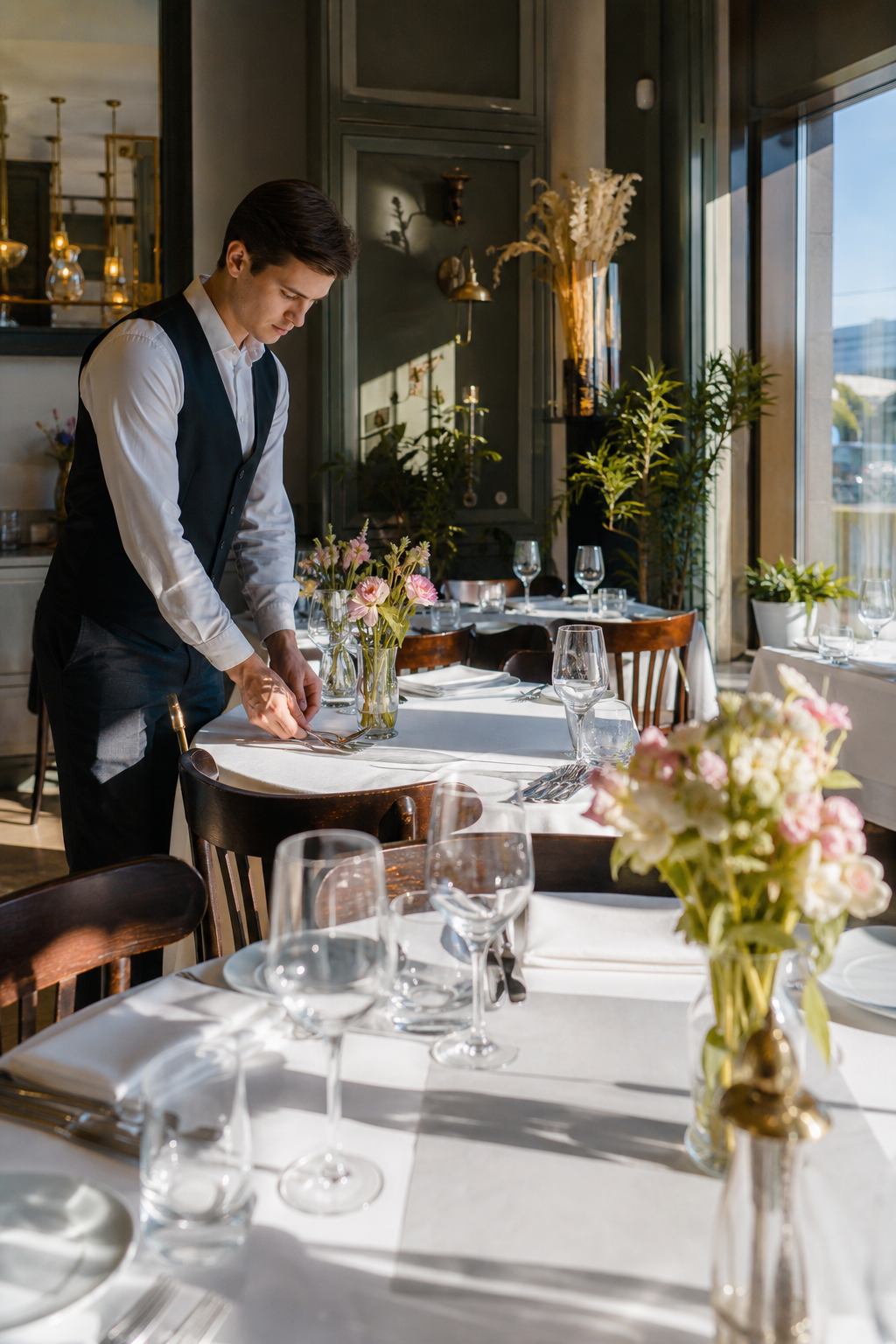 Schludna restauracja w spokojnym momencie, gotowa na więcej gości.