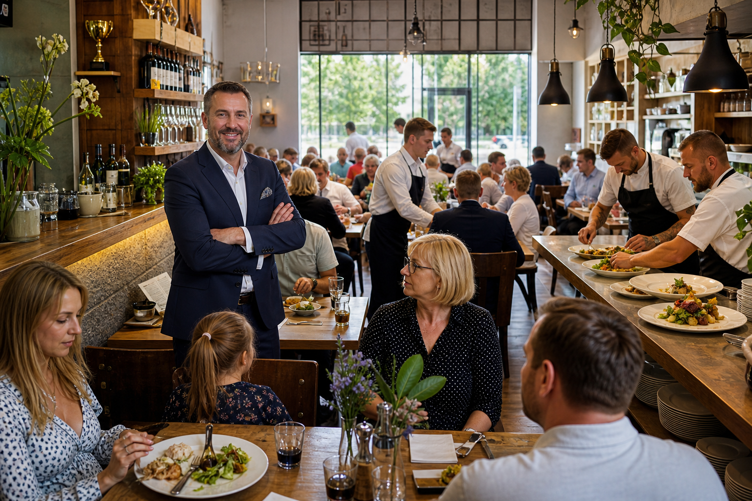 Popularna restauracja z ruchem, pełnymi stolikami i symbolem zwycięstwa.