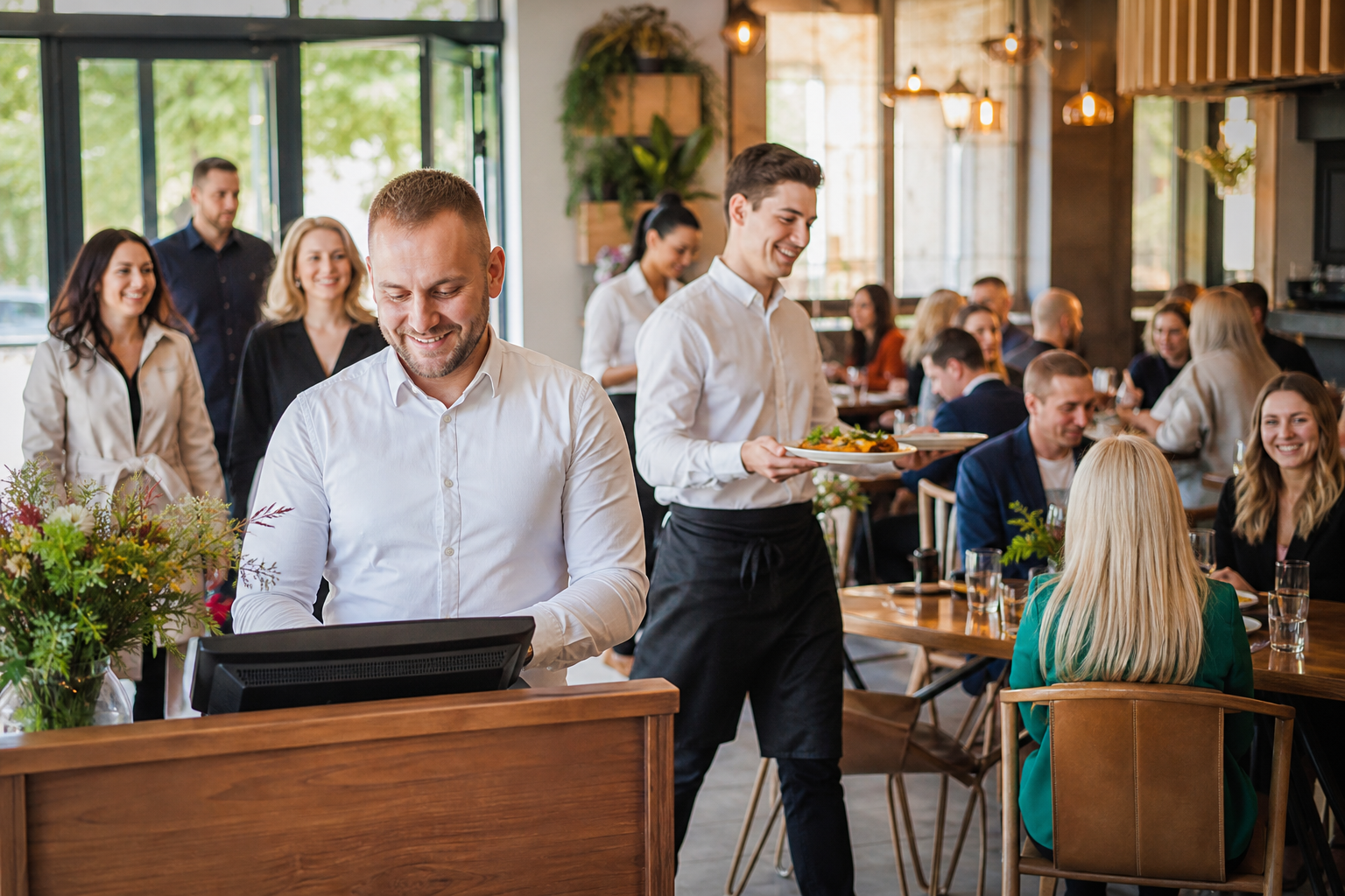 Rozwój restauracji pokazany przez napływ gości i zadowolony zespół.
