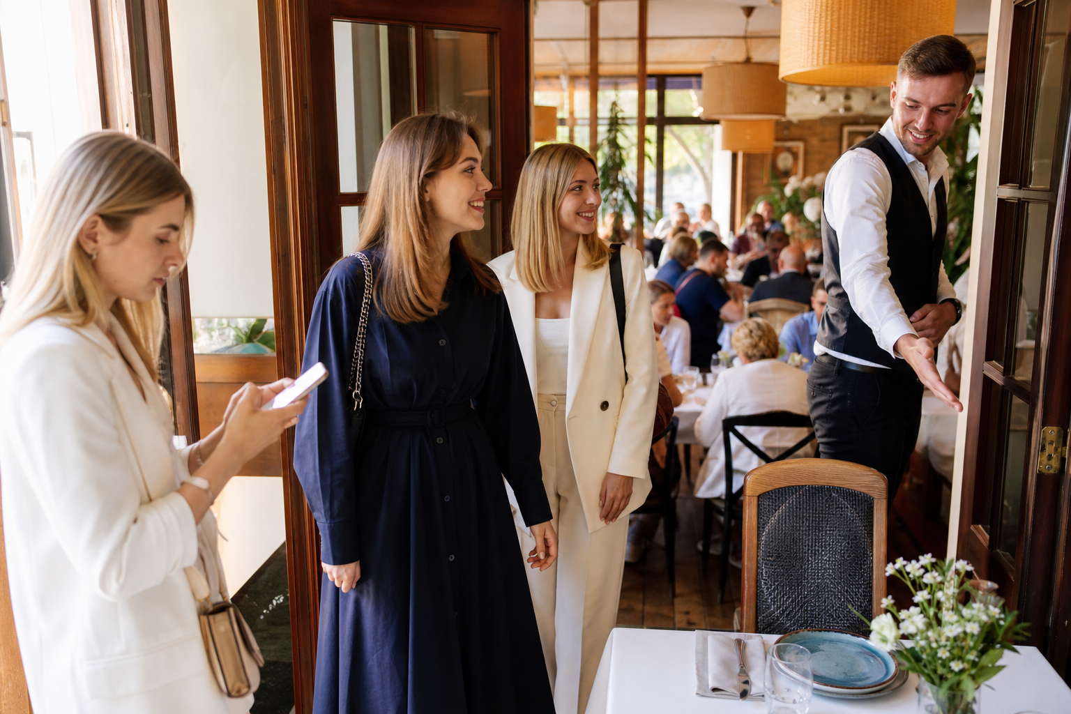 Klienci wybierają popularną restaurację w Białymstoku, sprawdzając telefon.