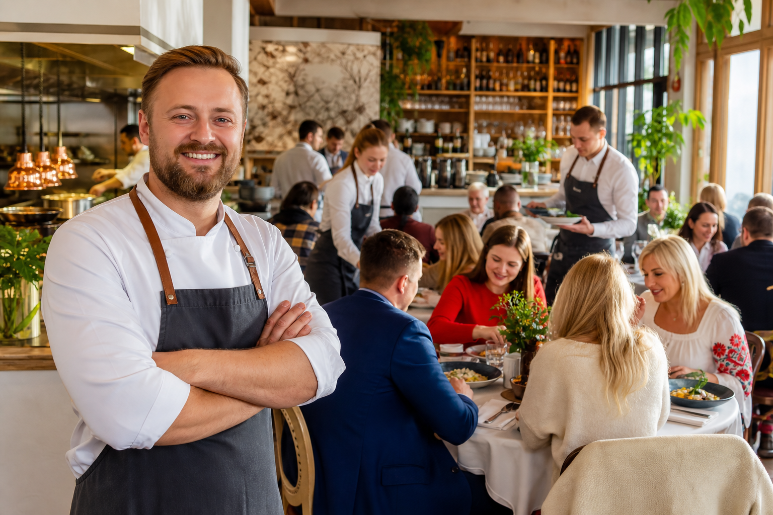 Dumny właściciel w pełnej restauracji podczas udanego serwisu.