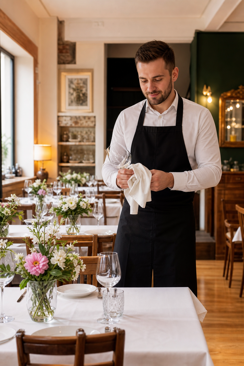 Schludna restauracja w spokojnej chwili, gotowa na większy ruch gości.