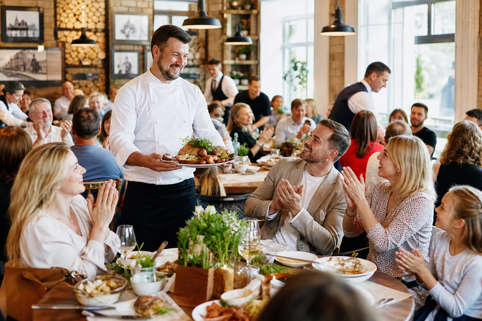 Tętniąca ruchem restauracja, gdzie goście oklaskują popisowe danie szefa kuchni.