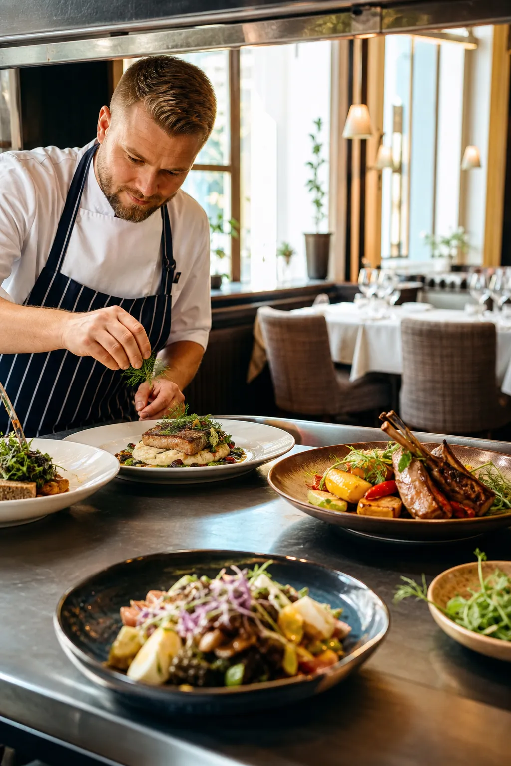Gotowe dania w restauracyjnej kuchni czekają, by przyciągnąć klientów.