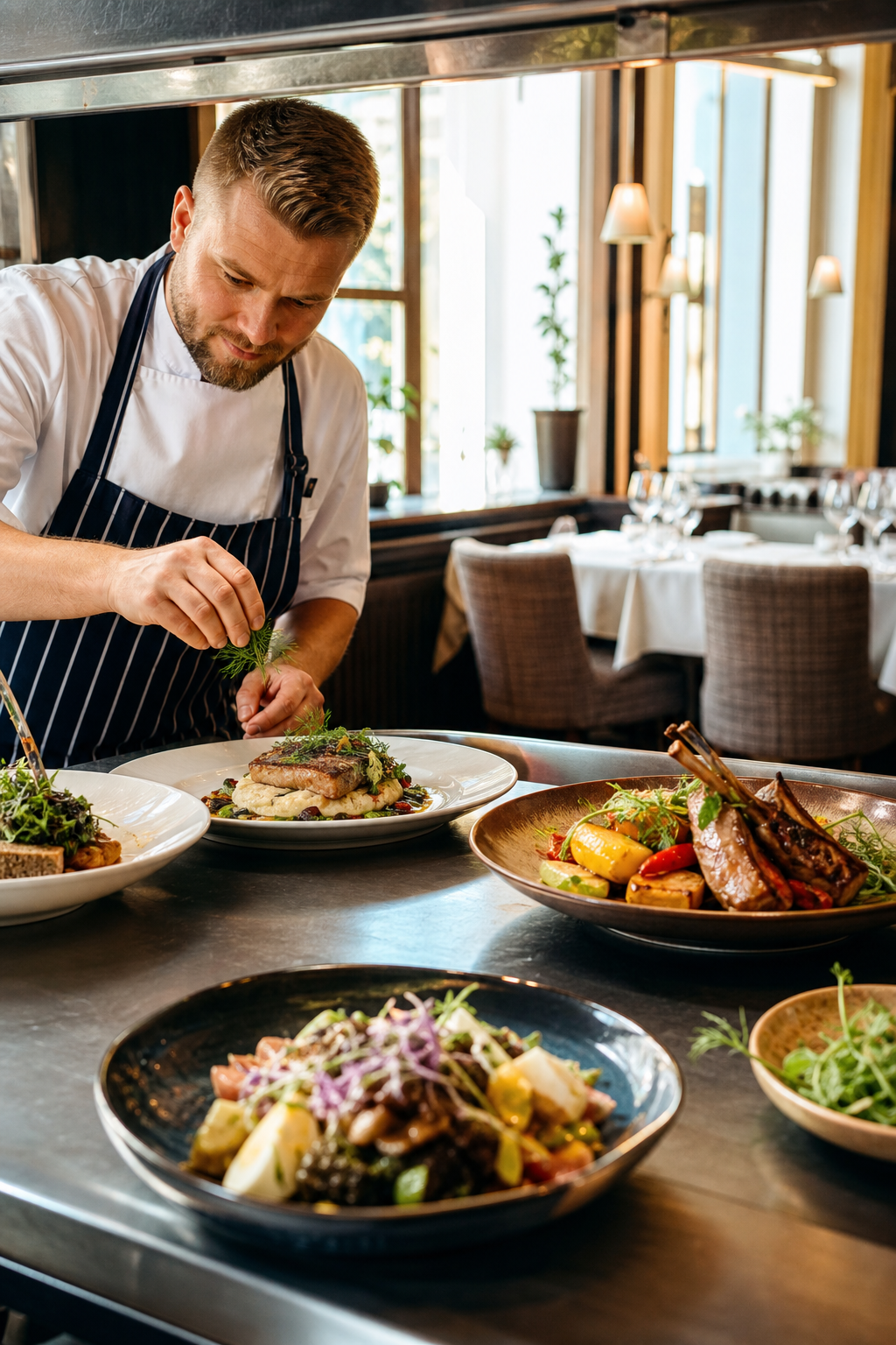 Gotowe dania w restauracyjnej kuchni czekają, by przyciągnąć klientów.