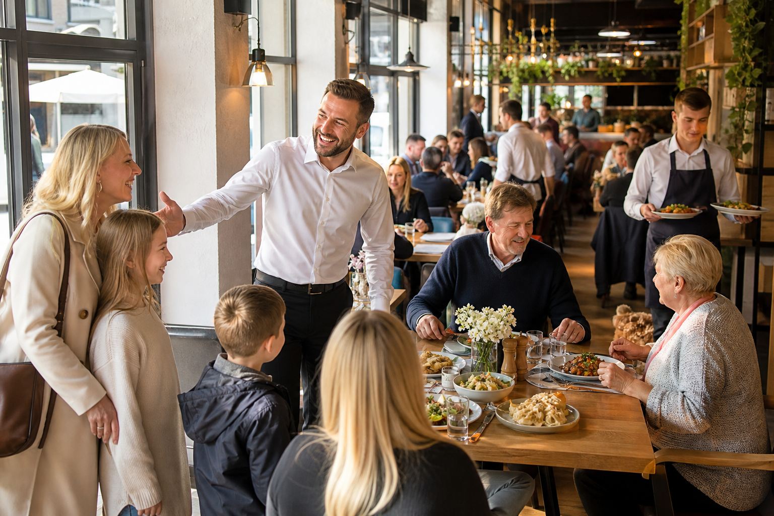 Restauracja z rosnącą liczbą gości i zadowolonym właścicielem przy wejściu.