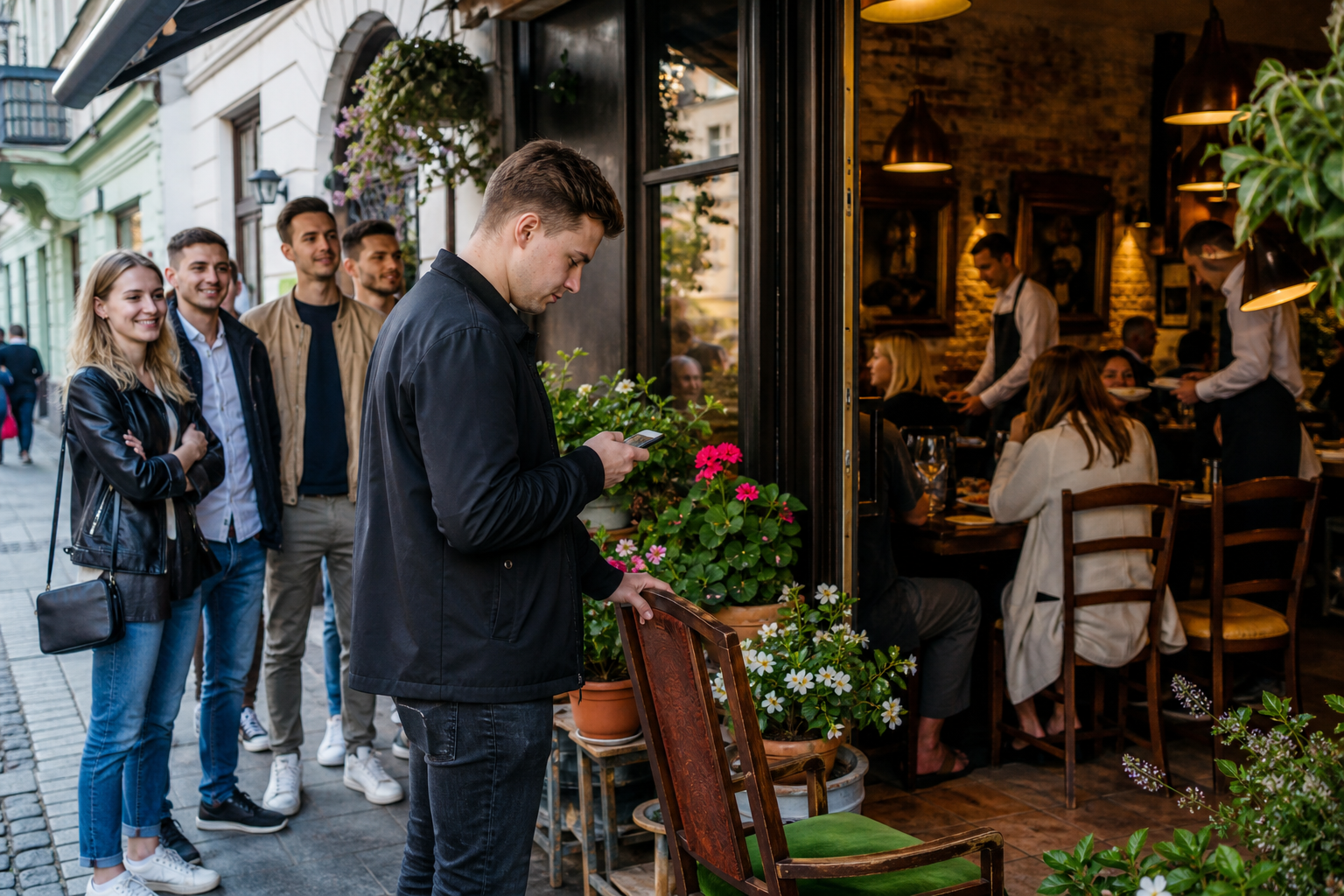Klient wybiera w telefonie popularną restaurację we Wrocławiu.