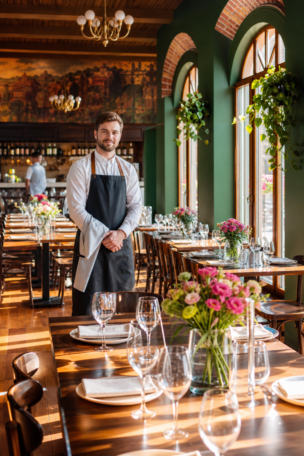 Ładna restauracja w spokojnym momencie, gotowa na większy ruch.