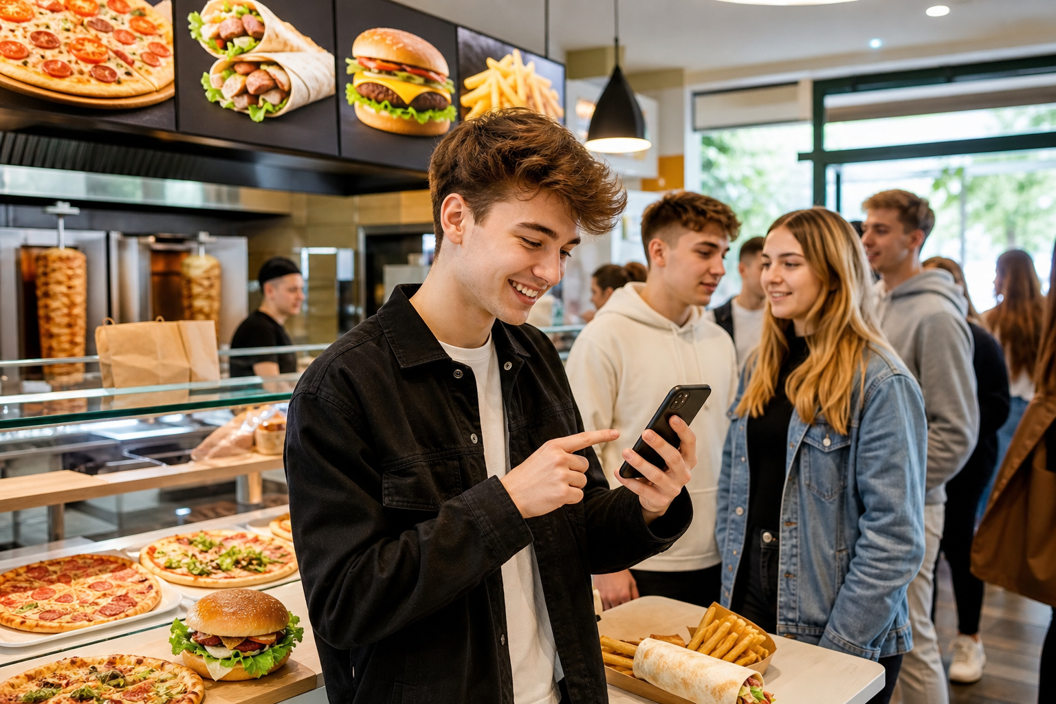 Klient wybiera lokal z pizzą, kebabem i burgerami przez telefon.