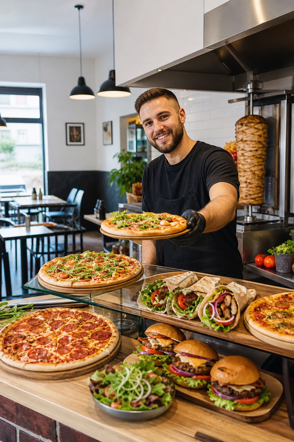 Ładny lokal z pizzą, kebabem i burgerami w spokojnej chwili.