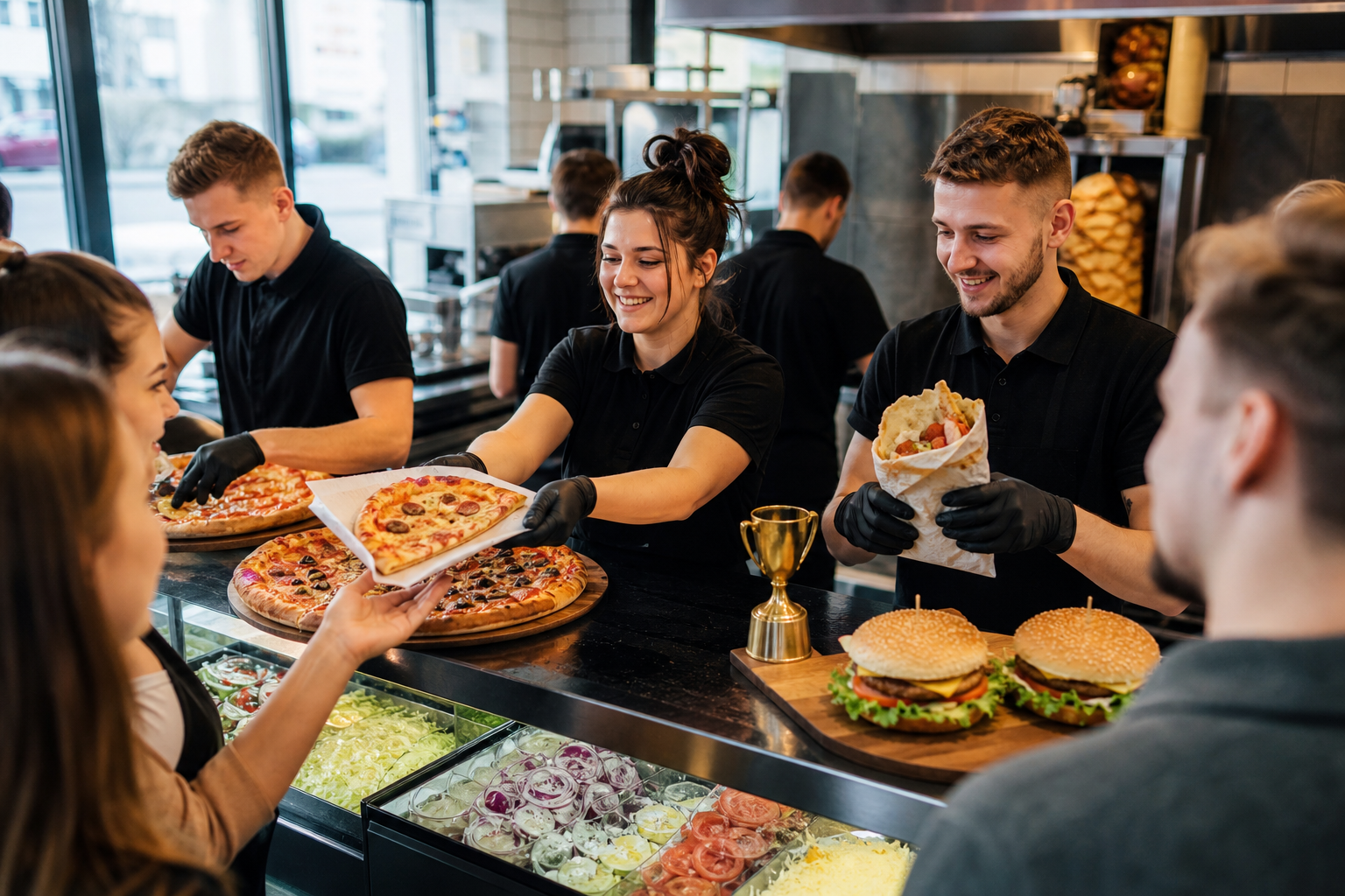 Ruchliwy fast food z symbolem zwycięstwa przy ladzie.