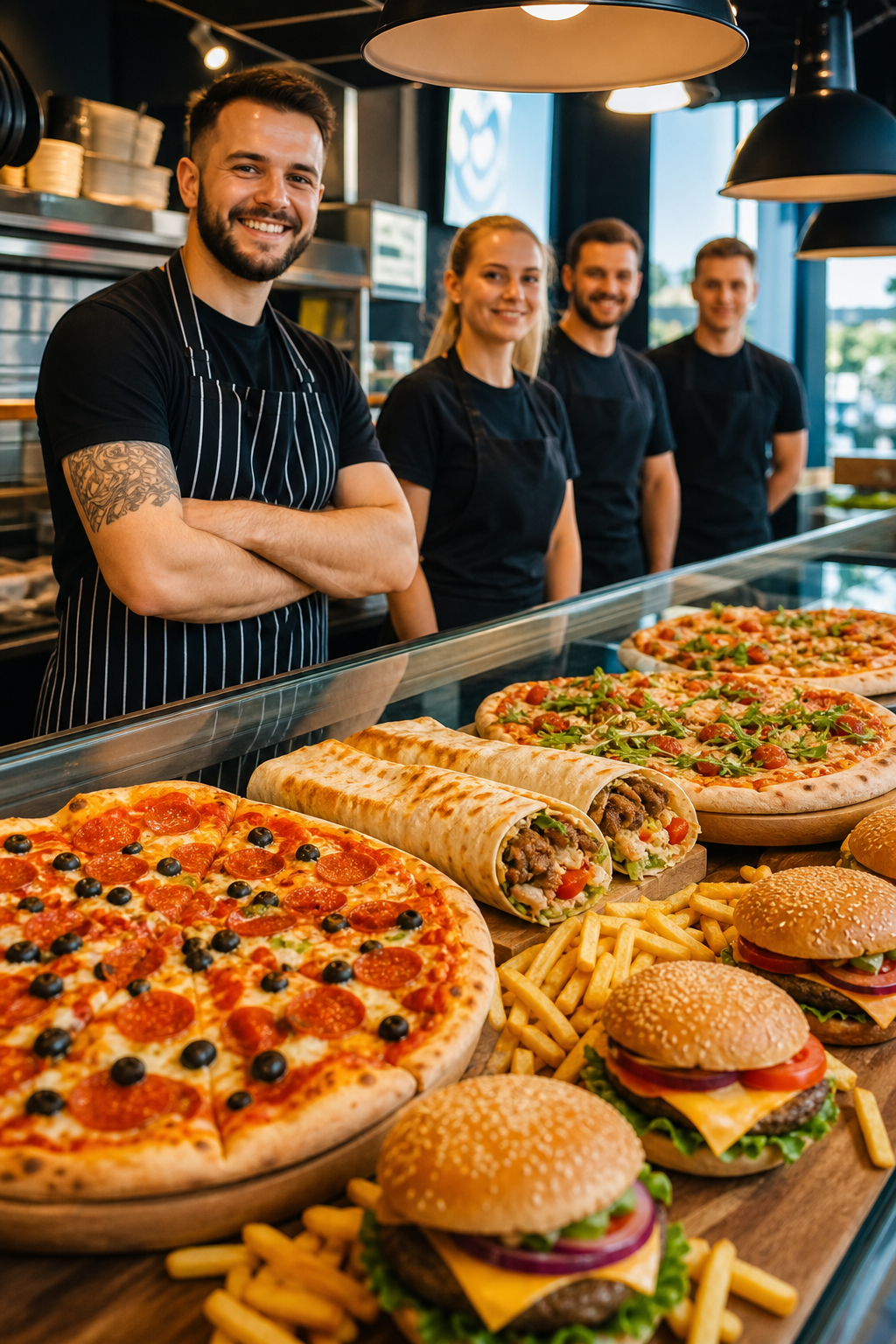 Gotowe dania fast food czekają, by przyciągnąć klientów.