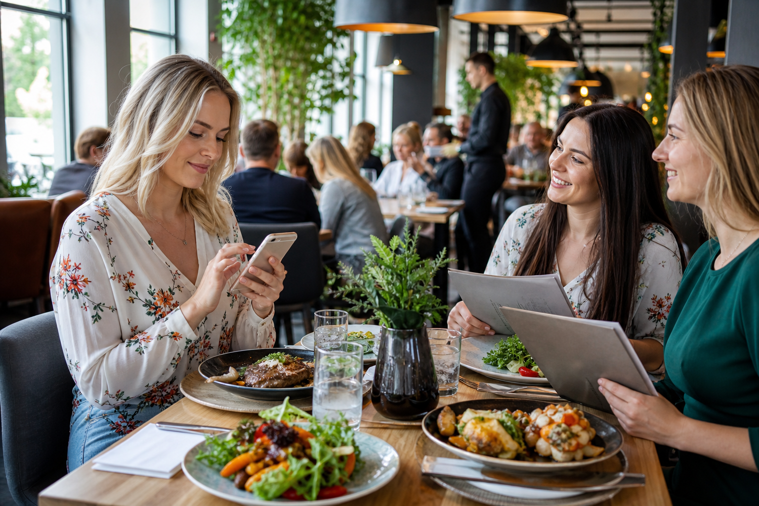 Klientka w restauracji w Płocku wybiera lokal przez telefon przy stoliku z przyjaciółmi.