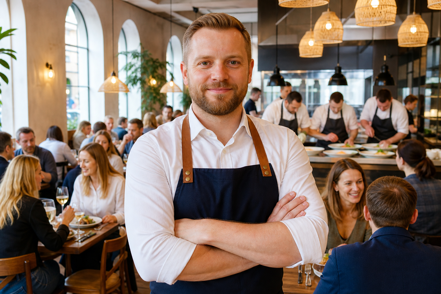 Dumny właściciel w pełnej restauracji w Płocku podczas udanego, ruchliwego wieczoru.