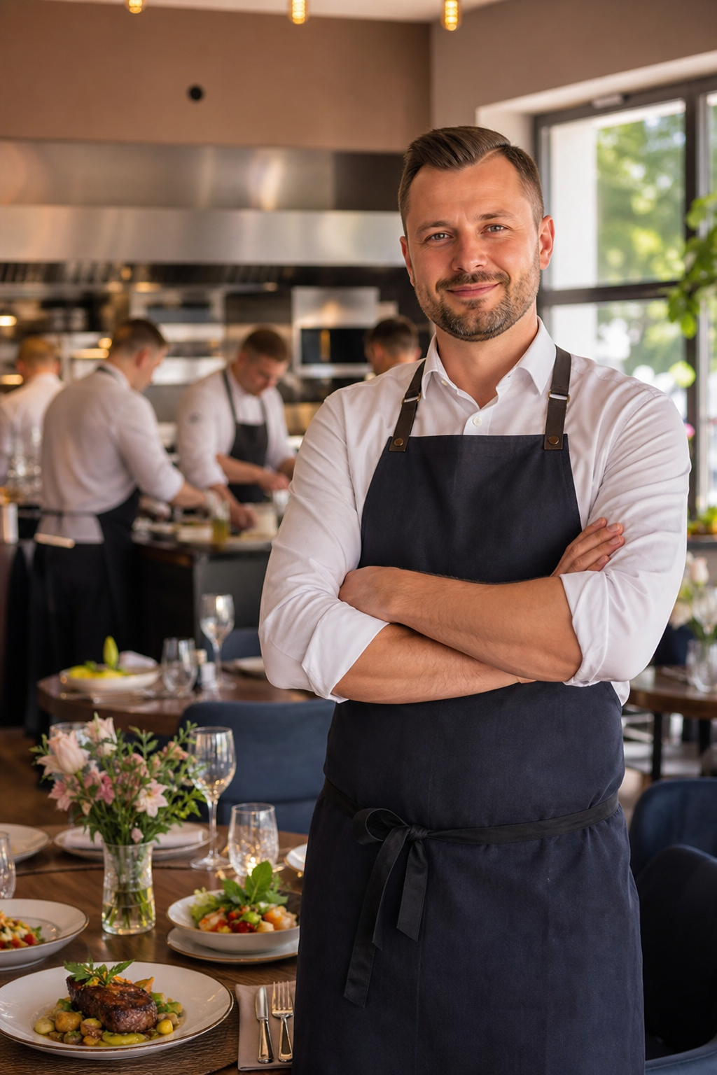 Właściciel restauracji w Płocku pozuje dumnie w eleganckiej sali z daniami.