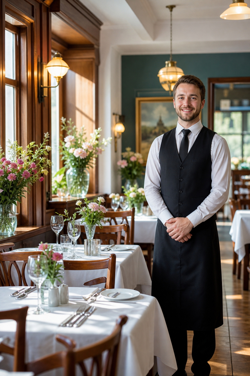 Ładna restauracja w Płocku w spokojnej chwili, z przygotowanymi pustymi stolikami.