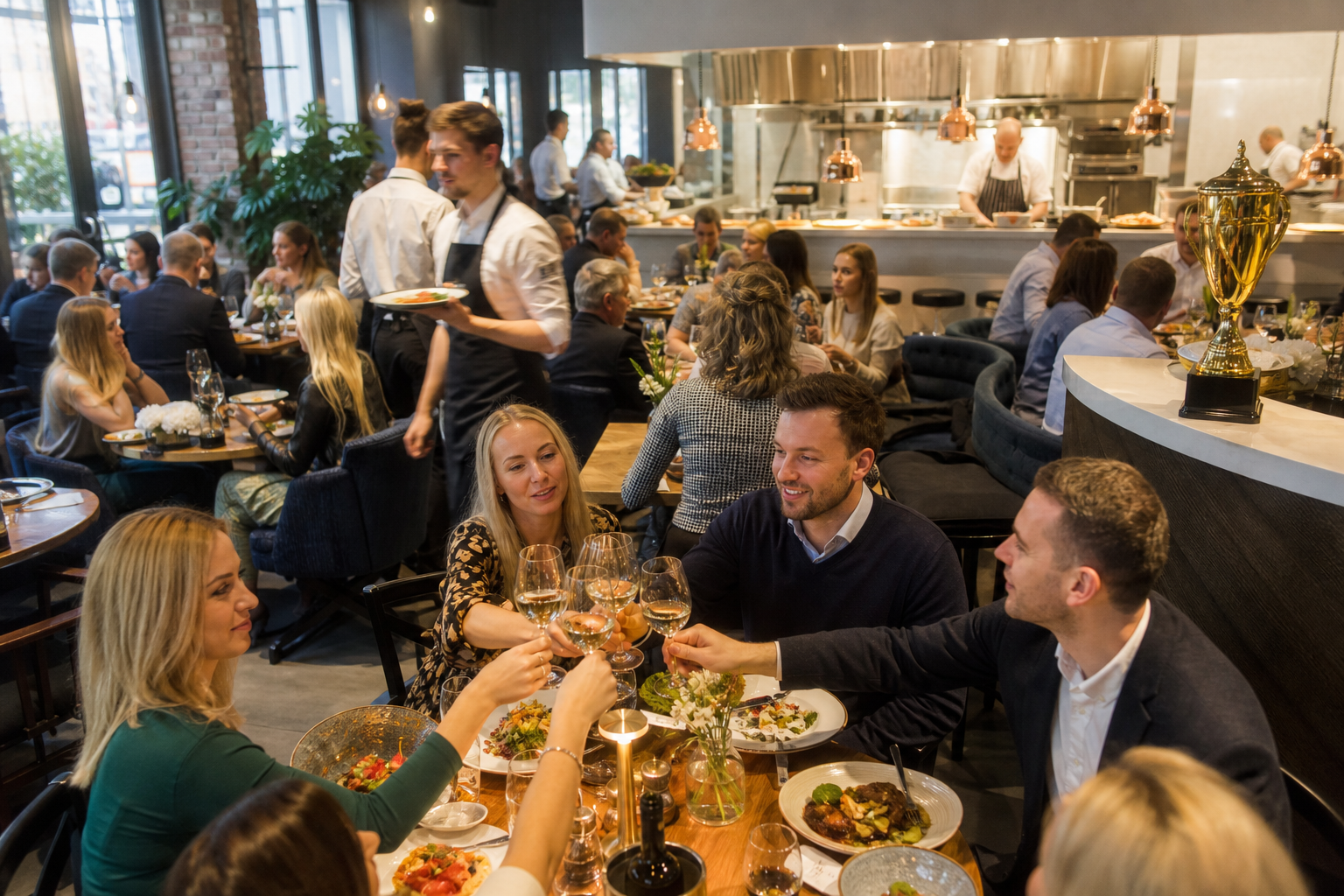 Pełna restauracja w Płocku z ruchem kelnerów i symbolem sukcesu na ladzie.
