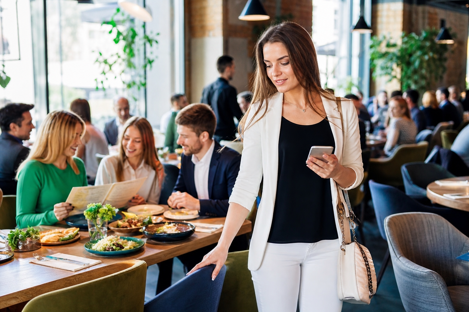 Klientka wybiera restaurację w Lublinie przez telefon, w tle pełna sala.