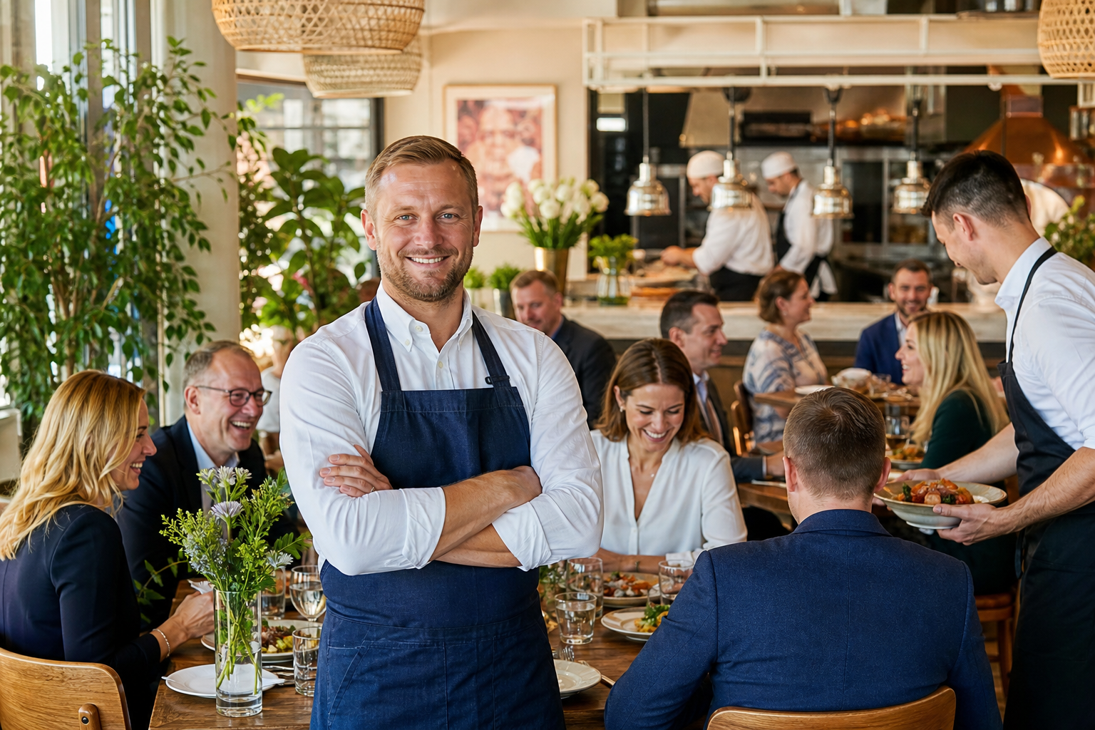 Dumny właściciel w pełnej restauracji w Lublinie świętuje sukces lokalu.