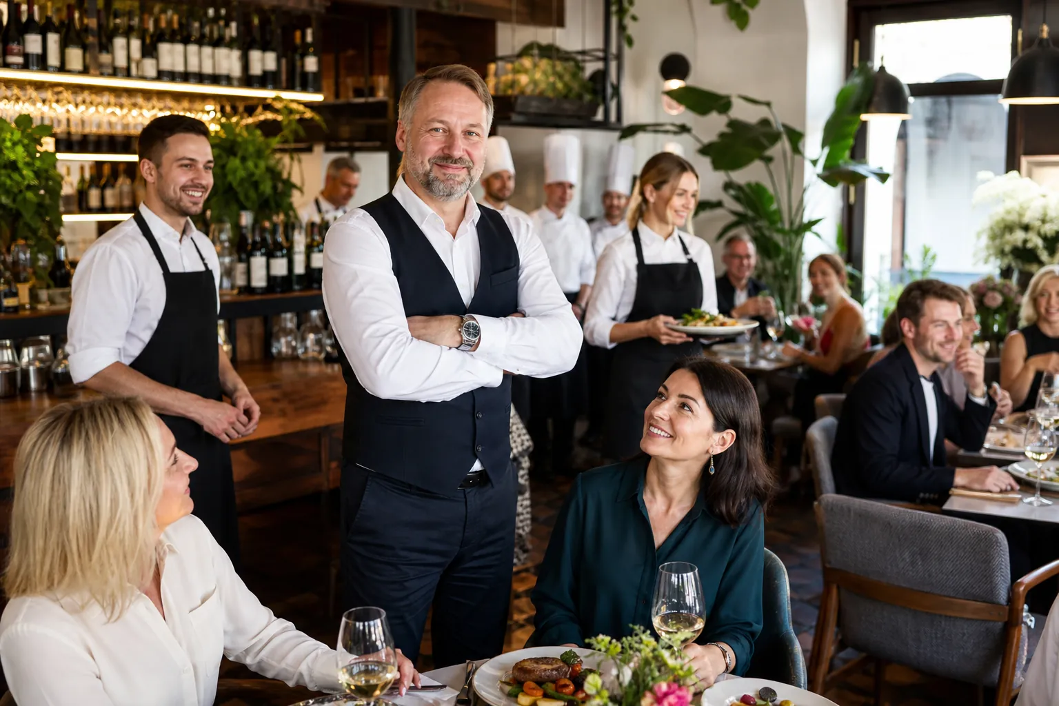 Dumny wlasciciel w pelnej sukcesu restauracji w Lublinie.