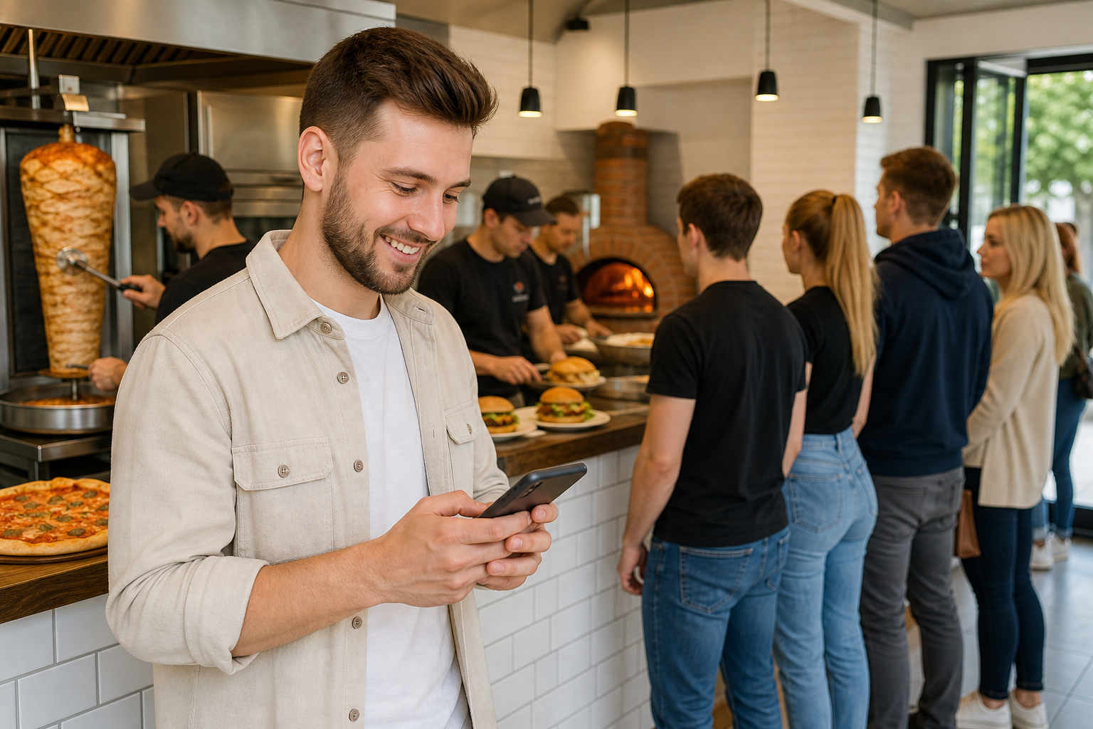 Klient wybiera popularny fast food w Toruniu przez telefon.