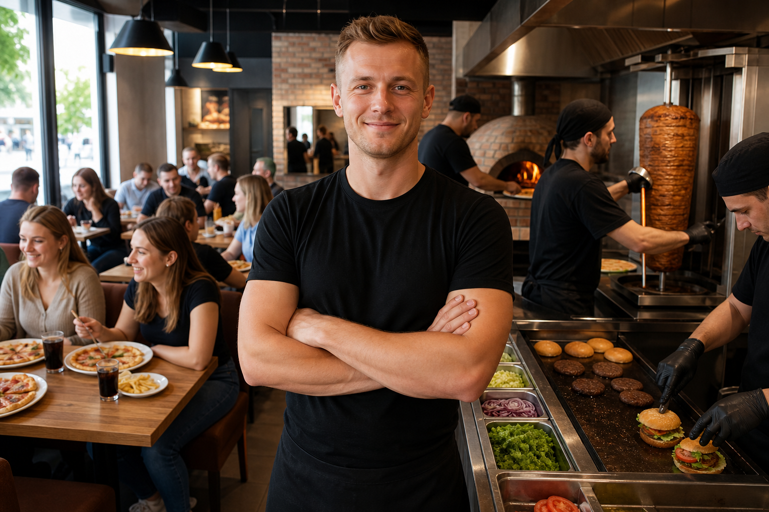 Dumny właściciel w pełnym sukcesu lokalu fast food w Toruniu.