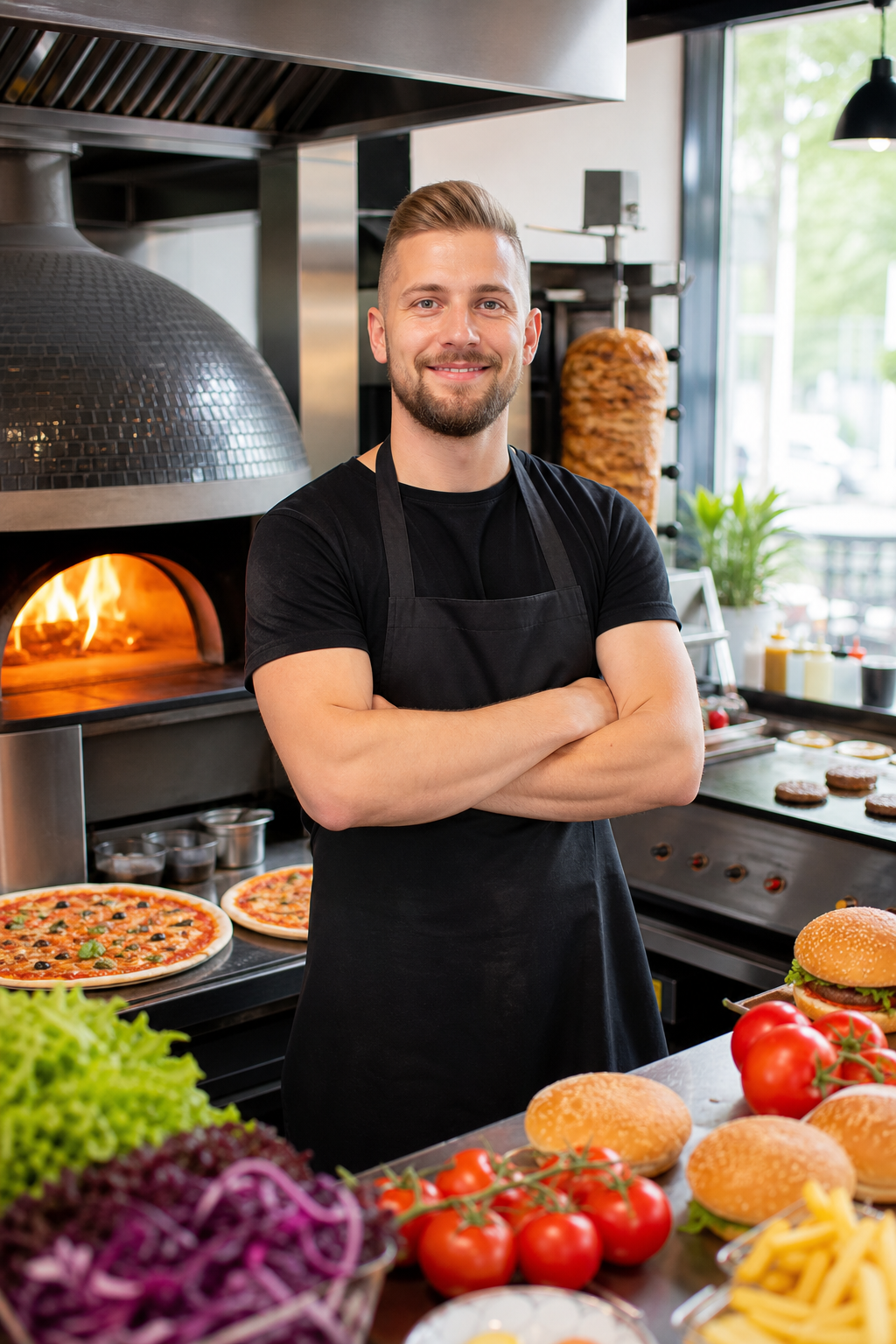 Właściciel lokalu z pizzą, kebabem i burgerami w pracy.