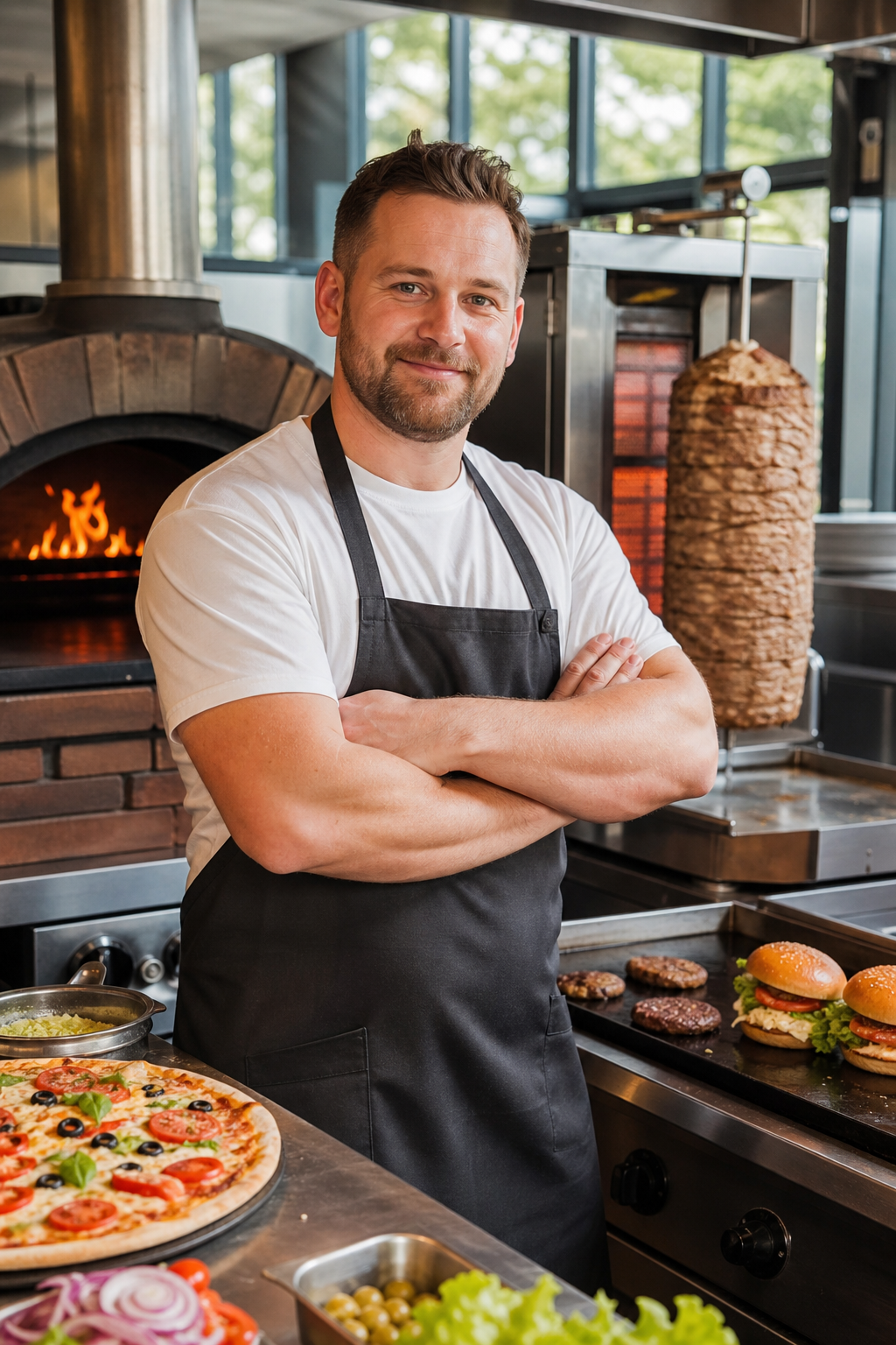 Pewny siebie właściciel lokalu z pizzą, kebabem i burgerami.
