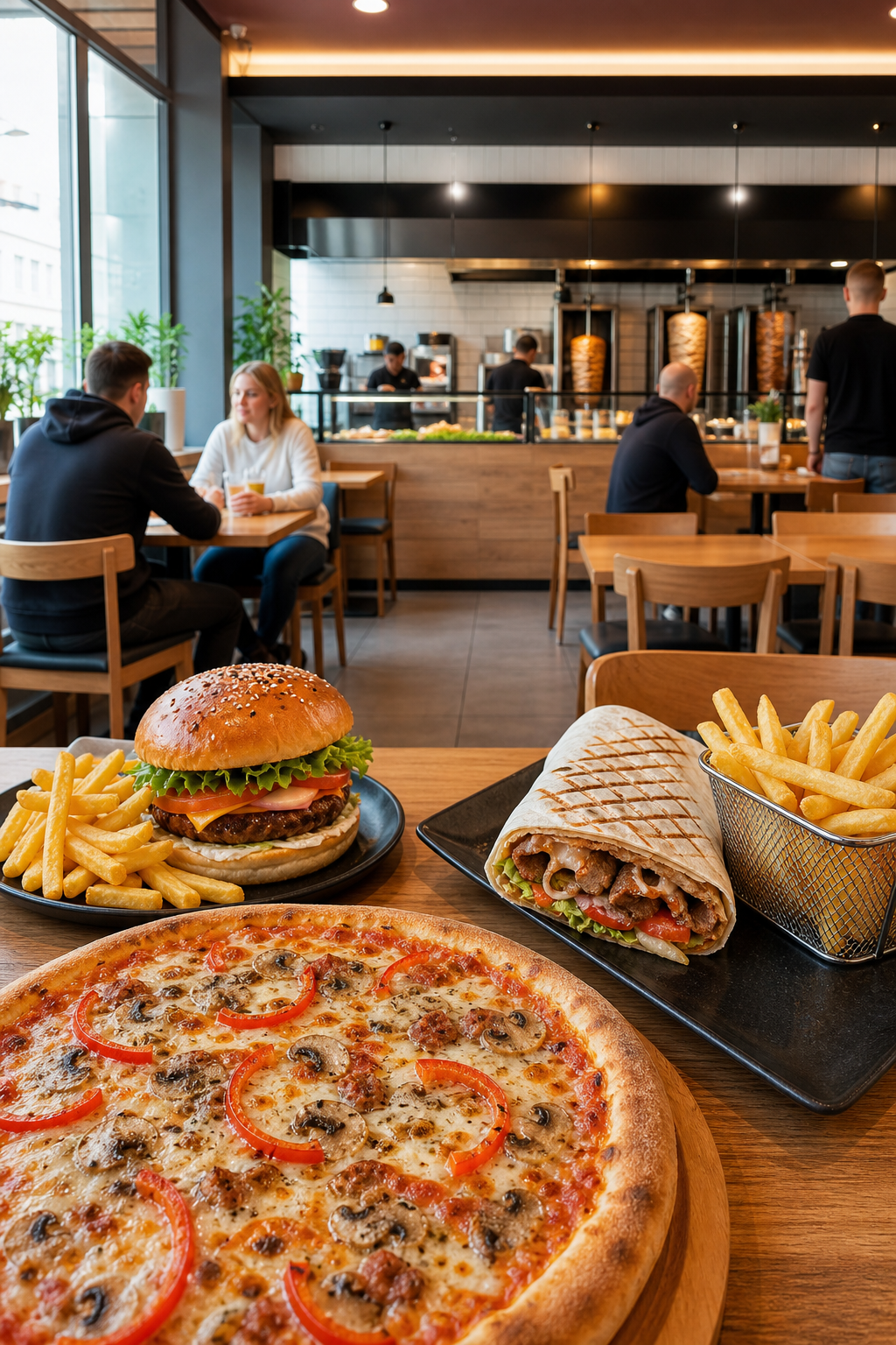 Schludny lokal fast food w spokojnym momencie dnia.