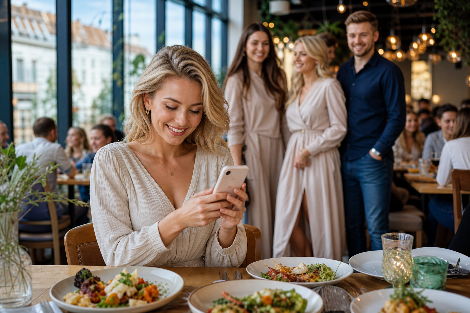 Klientka wybiera restaurację w telefonie, za nią pełna sala i apetyczne dania.