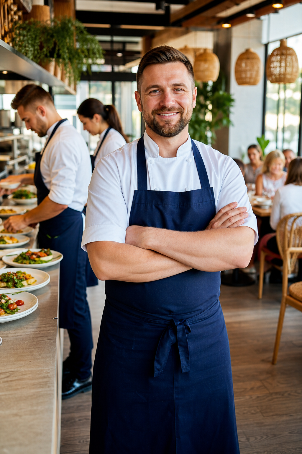 Pewny siebie właściciel restauracji w Rzeszowie na tle kuchni i sali.