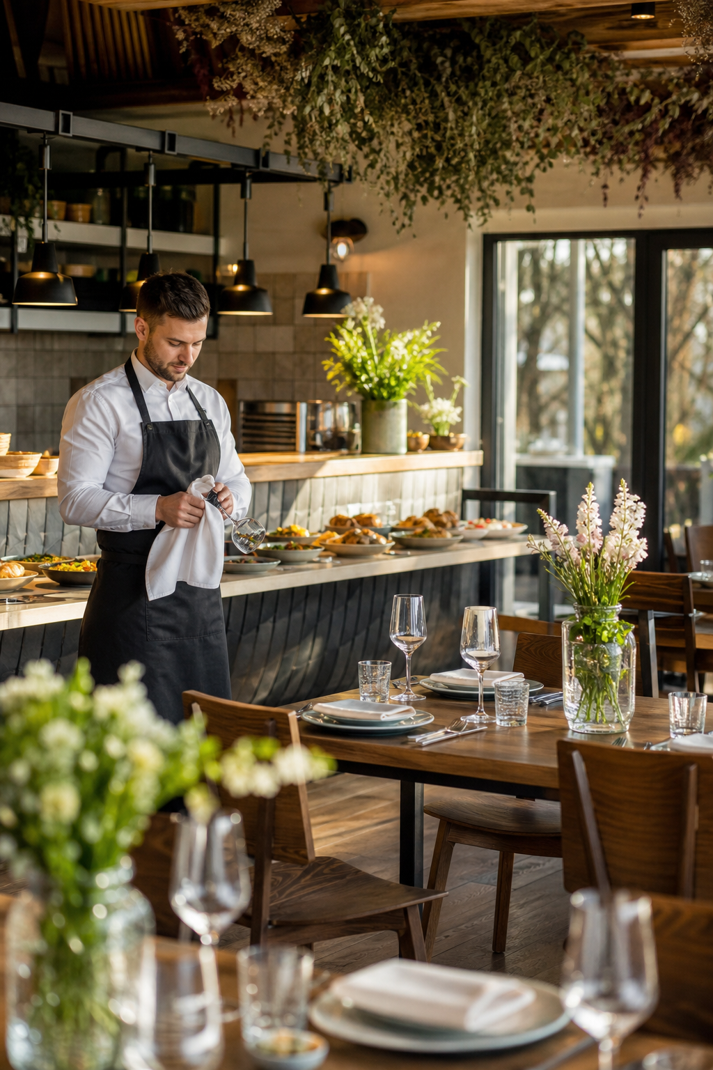Schludna, ładna restauracja w spokojnym momencie z gotowymi stolikami.
