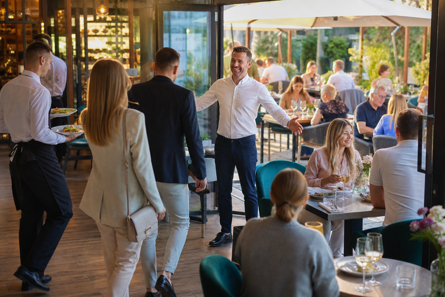 Restauracja przyciąga coraz więcej gości, a właściciel wita ich z uśmiechem.