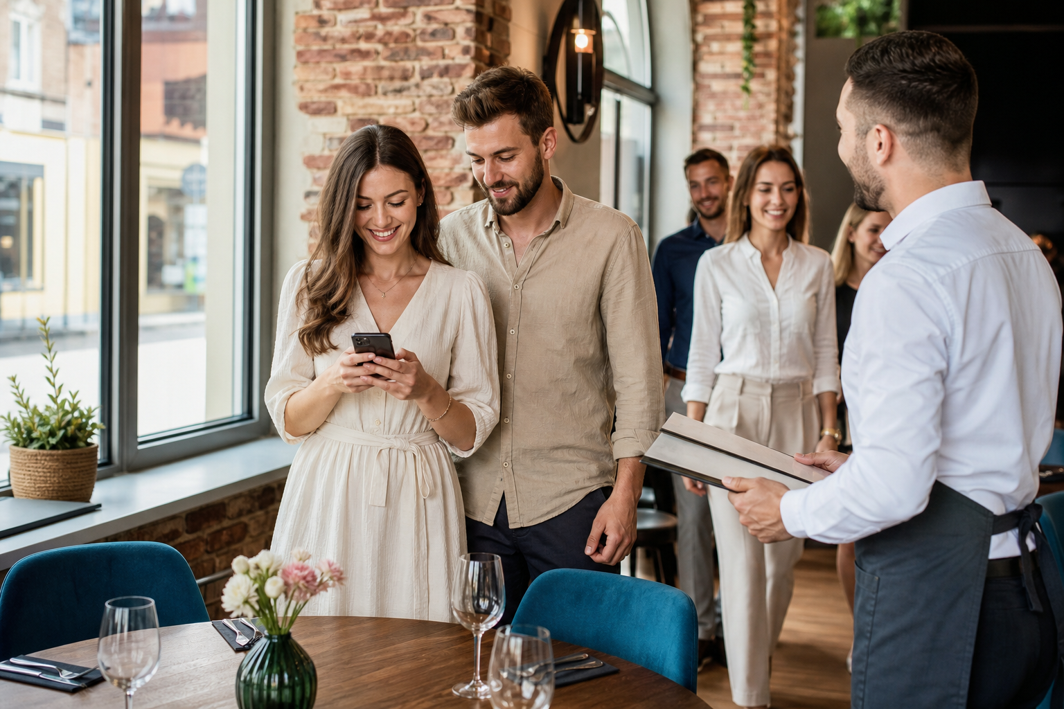Klienci wybierają toruńską restaurację, oglądając dania w telefonie.