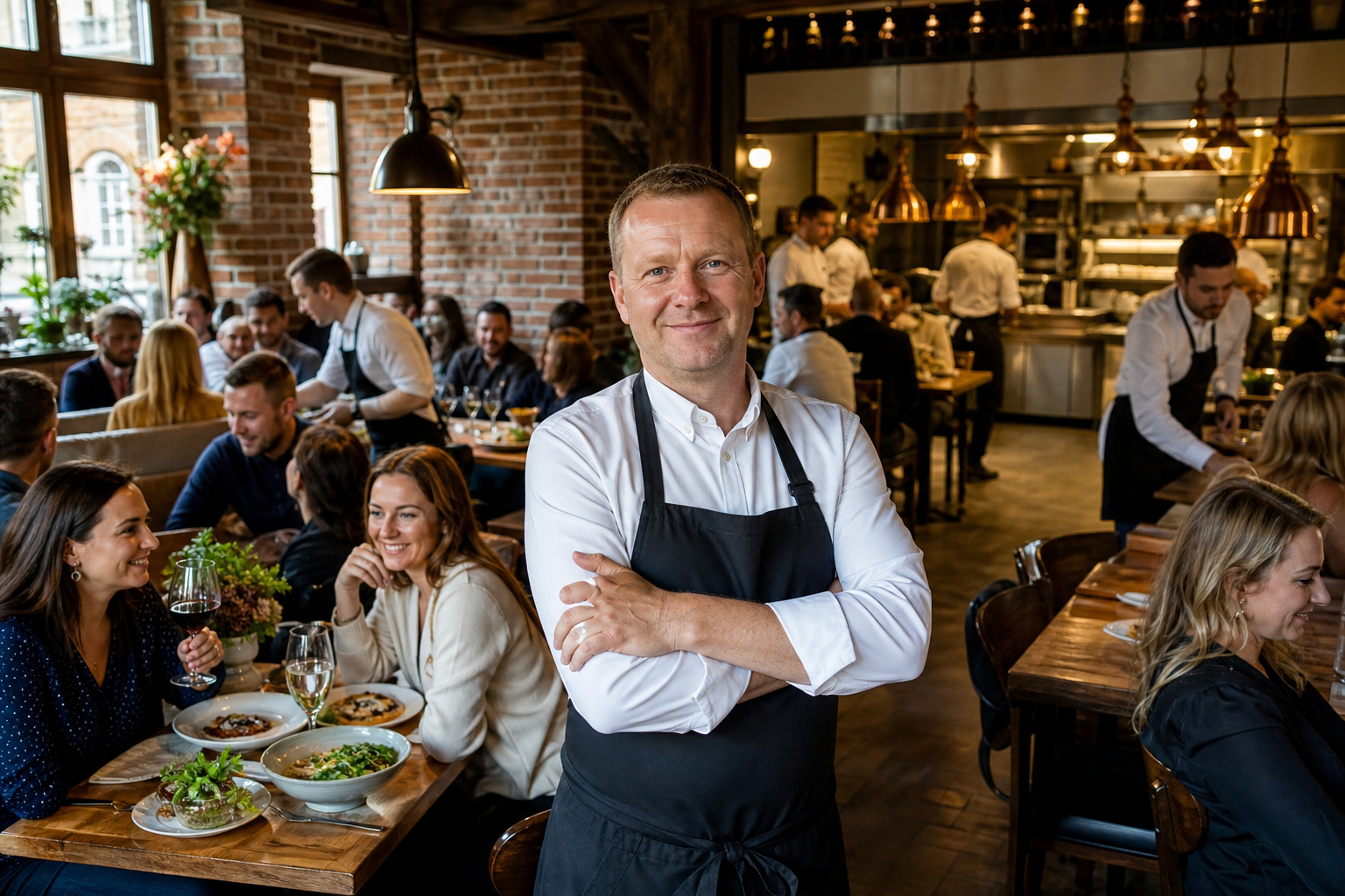 Dumny właściciel w pełnej gości restauracji w Toruniu.