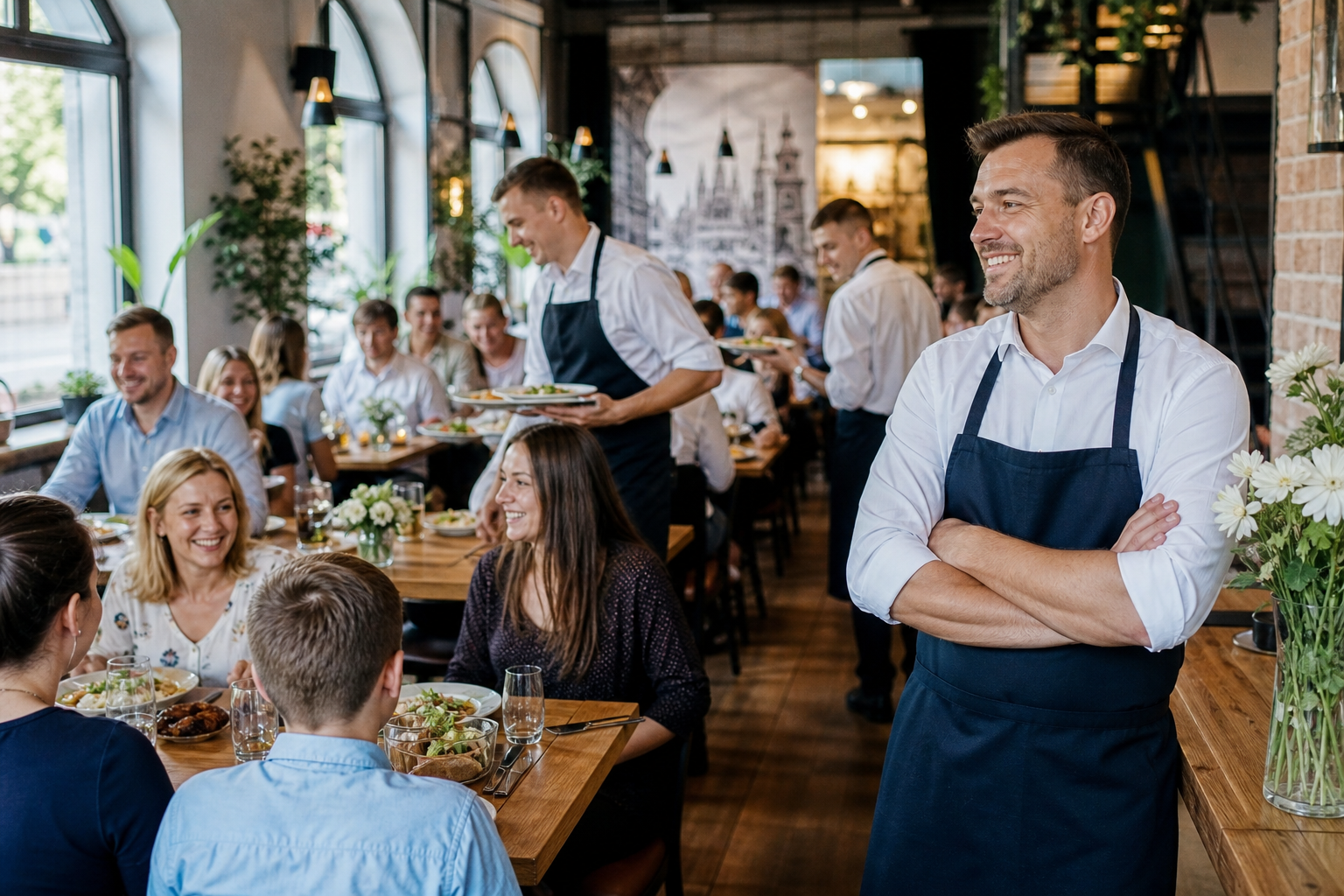 Rozwój restauracji pokazany przez więcej gości i zadowolonego właściciela.